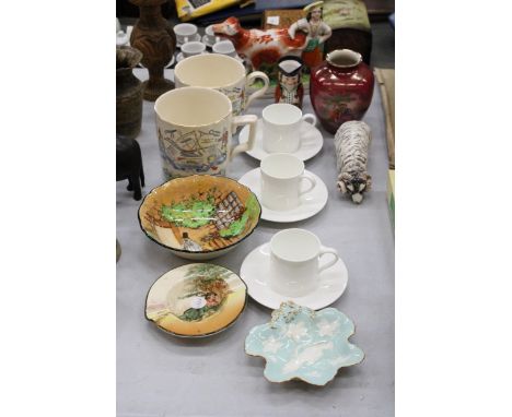 A QUANTITY OF VINTAGE CERAMICS TO INCLUDE ROYAL DOULTON, TWO LARGE BURLEIGH WARE 'FARMERS ARMS' MUGS, A STAFFORDSHIRE FLATBAC