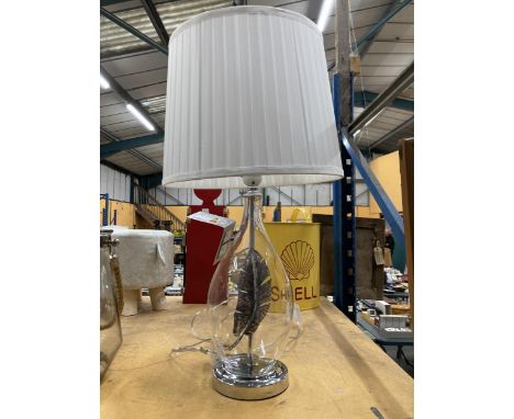 A GLASS FEATHER ENCASED TABLE LAMP, HEIGHT WITH SHADE APPROX 62CM