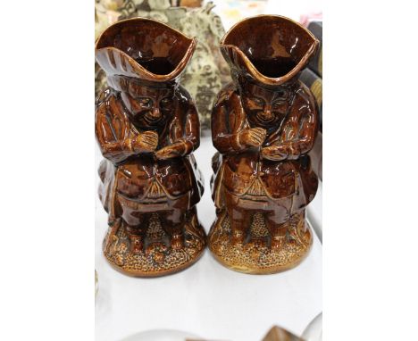 A PAIR OF VINTAGE ROCKINGHAM TREACLE GLAZED TOBY JUGS - SNUFF TAKER WITH HAT, HEIGHT 24CM
