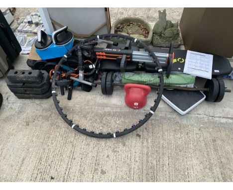 AN ASSORTMENT OF EXERCISE EQUIPMENT TO INCLUDE WEIGHTS, A CORE MACHINE AND A WEIGHT BENCH ETC