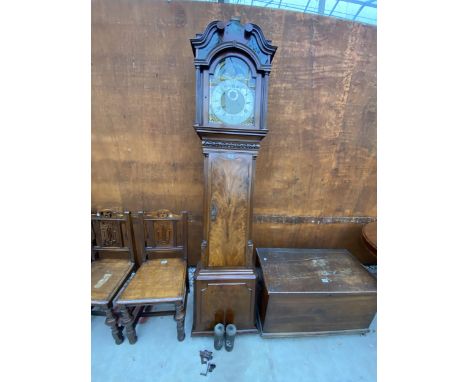 AN 18TH CENTURY MAHOGANY 8 DAY LONGCASE CLOCK BY LAWSON (NEWTON) WITH ROLLING MOON DIAL, SWAN NECK PEDIMENT AND BRASS FACE