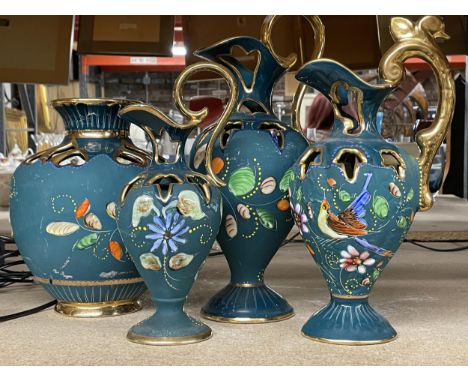 THREE H BEQUET HAND PAINTED CERAMIC JUGS PLUS A LARGE BULBOUS VASE