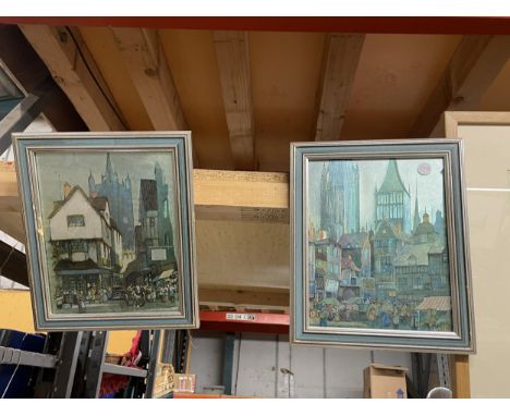 A PAIR OF VINTAGE FOIL PRINTS OF STREET SCENES