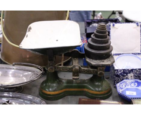 A SET OF BAXENDALES, MANCHESTER CAST SCALES INCLUDING WEIGHTS