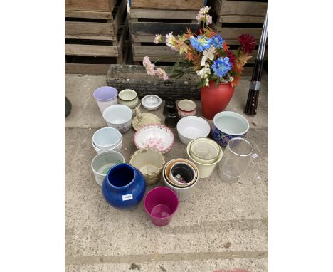 A CONCRETE TROUGH PLANTER AND AN ASSORTMENT OF CERAMIC VASES AND POTS ETC