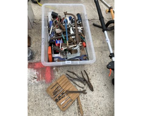 A LARGE ASSORTMENT OF TOOLS TO INCLUDE SPANNERS,DRILL BITS AND A HACKSAW ETC