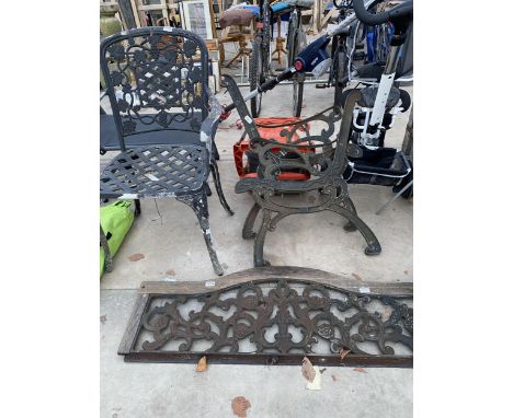 A CAST ALLOY BISTRO CHAIR, A PAIR OF CAST BENCH ENDS AND A CAST BENCH BACK