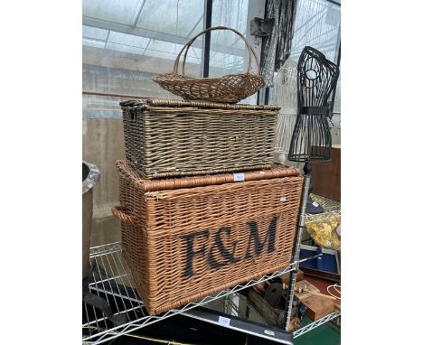 THREE VARIOUS WICKER BASKETS TO INCLUDE A FORTNUM AND MASON HAMPER ETC