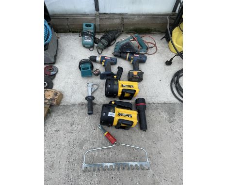 AN ASSORTMENT OF TOOLS TO INCLUDE TWO LARGE TORCHES, RYOBI BATTERY DRILLS AND A BLACK AND DECKER WOOD PLANE ETC
