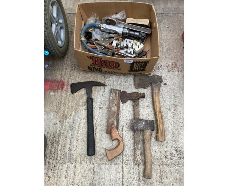 AN ASSORTMENT OF TOOLS TO INCLUDE FOUR AXES ETC