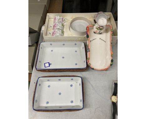 A BOXED PORCELAIN TEASET TO INCLUDE CUPS AND SAUCERS, CERAMIC OBLONG SERVING DISHES, ETC.,