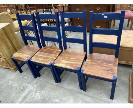 A SET OF FOUR HARDWOOD BLUE PAINTED LADDER BACK DINING CHAIRS