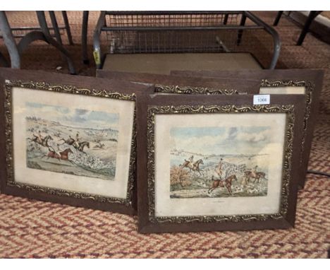 FOUR EARLY VICTORIAN HUNTING PRINTS IN ORNATE OAK FRAMES - 16" X 14"