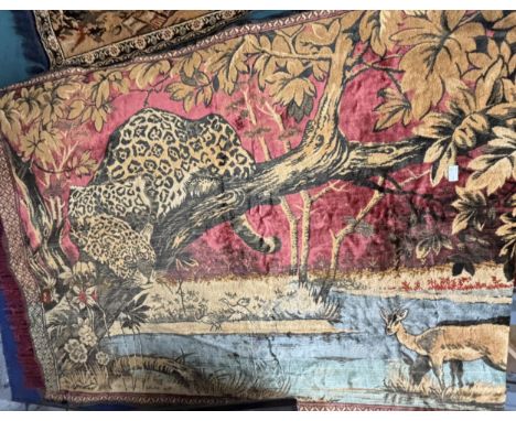A VINTAGE AFRICAN THEMED WOOLLEN WALL HANGING WITH A LEOPARD, ETC - 124CM X 190CM