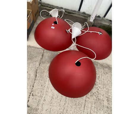 THREE LARGE RED METAL INDUSTRIAL STYLE LIGHT SHADES