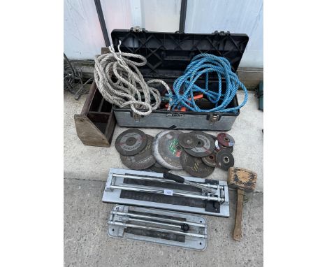 A STANLEY TOOL BOX AND ANN ASSORTMENT OF TOOLS TO INCLUDE TWO TILE CUTTERS, GRINDING DISCS AND ROPE ETC