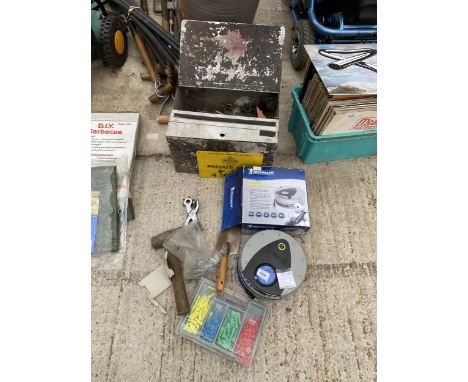 AN ASSORTMENT OF TOOLS TO INCLUDE A LEATHER PUNCH AND A MICHELIN TYRE INFLATOR ETC