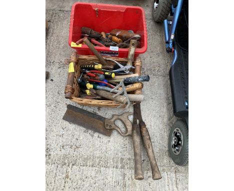 AN ASSORTMENT OF TOOLS TO INCLUDE HAMMERS, SHEARS, AND PLIERS ETC