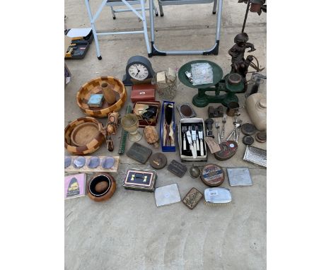 AN ECLECTIC ASSORTMENT OF ITEMS TO INCLUDE FLATWARE, SCALES AND WEIGHTS, COINS AND TREEN ITEMS ETC
