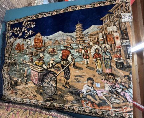 A VINTAGE ASIAN THEMED WOOLLEN WALL HANGING - 120CM X 183CM