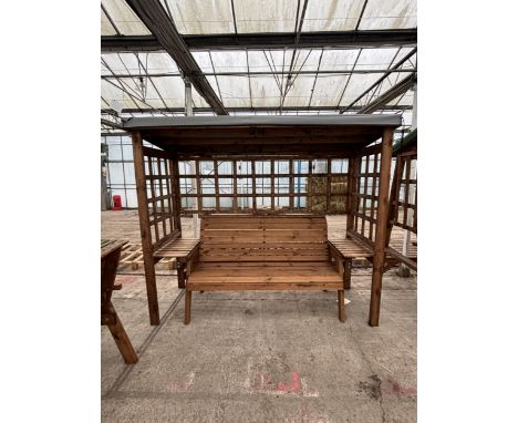 AN AS NEW EX DISPLAY CHARLES TAYLOR FURNITURE SET COMPRISING OF AN ARBOUR WITH GREY FABRIC TOP, THREE SEATER BENCH AND TWO SI