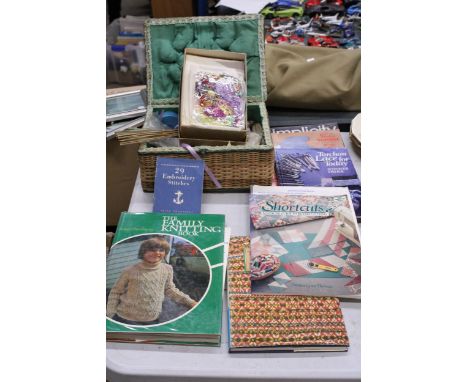 A VINTAGE SEWING BASKET CONTAINING TAPESTRY THREADS, ETC PLUS A QUANTITY OF KNITTING, LACE BOOKS, ETC