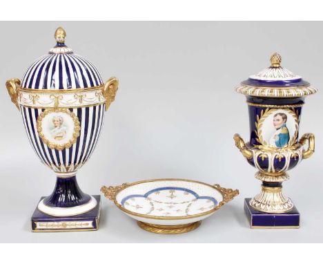 A Late 19th Century Continental Blue Ground and Gilt Decorated Pedestal Vase and Cover, the striped body with ribbon tied swa