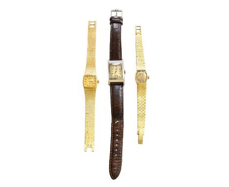 A Lady's Stainless Steel Rectangular Shaped Wristwatch, signed Omega, 1930's, later strap with Omega buckle, together with Tw