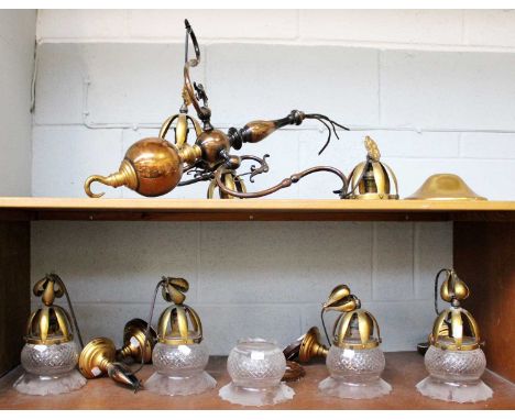A Set of Late 19th Century Benson Style Wall Lights and Shades; together with A Similar ChandelierShades in good order. Metal