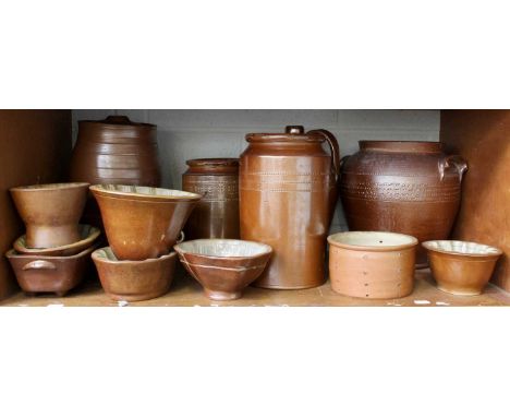 A Collection of Salt Glazed Stoneware, 19th century, various forms, including jelly moulds, flagon, small barrel, water filte