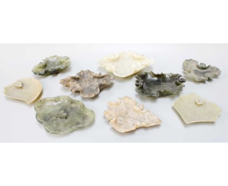 A Collection of Chinese Hardstone and Jade Brush Washers, 20th century, each of leaf form and with incised decoration, larges