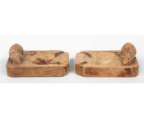 Robert Mouseman Thompson (1876-1955): Two English Oak Ashtrays, of standard rectangular form, each with carved mouse trademar