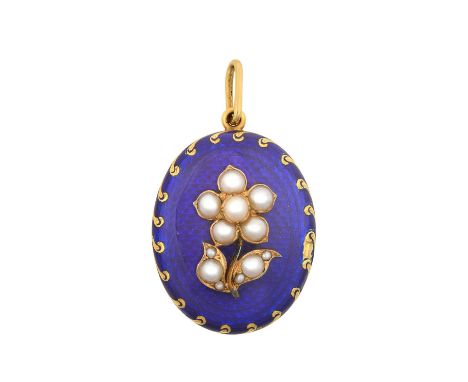 A Victorian Enamel and Split Pearl Locketthe oval panel enamelled in blue overlaid with a split pearl floral motif, in yellow