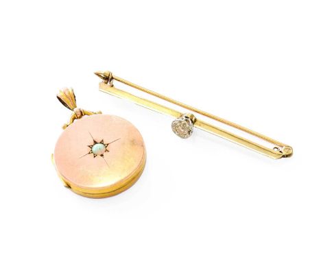 A 9 Carat Gold Opal Locket, length 3.7cm; and A Diamond Brooch, the old cut diamond in a white illusion setting, to a knife e