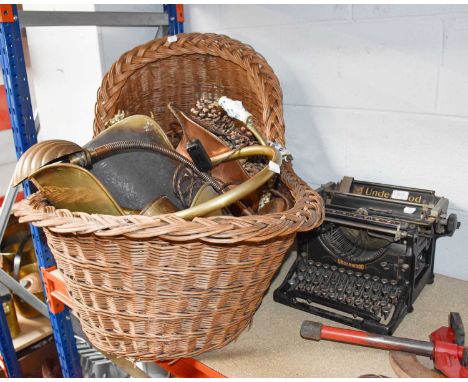 Assorted Metalwares, including three coal helmets, fire tools, copper desk lamp and a wall applique, An Underwood Typewriter,