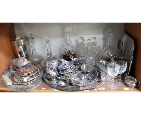 A Collection of Assorted Silver Plate and Glass, including an oval gallery tray and cut-glass decanter (one shelf)