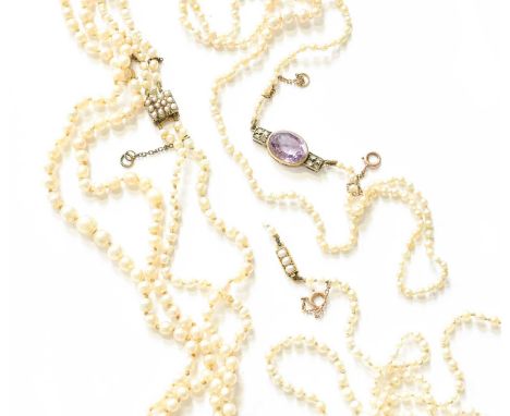 A Cultured Pearl Necklace, the graduated cultured pearls knotted to an amethyst and diamond clasp, length 53.5cm; together wi