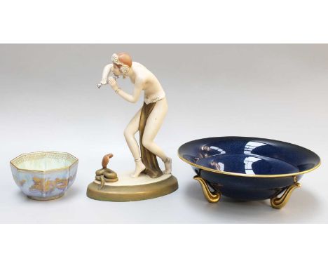 A Wedgwood Dragon Lustre Small Octagonal Bowl, 10cm wide, together with A Royal Dux Figure and A Carltonware Blue Glazed Bowl