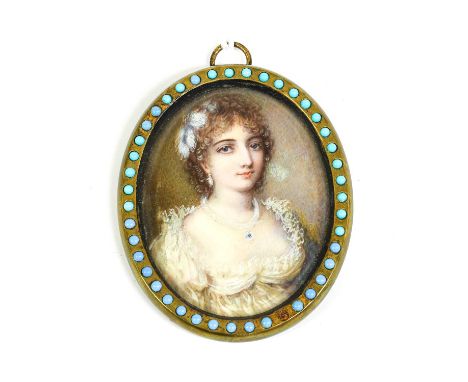 English School (early 19th century): Miniature Portrait of a Young Lady, bust length, her hair tied back with a white lace sc