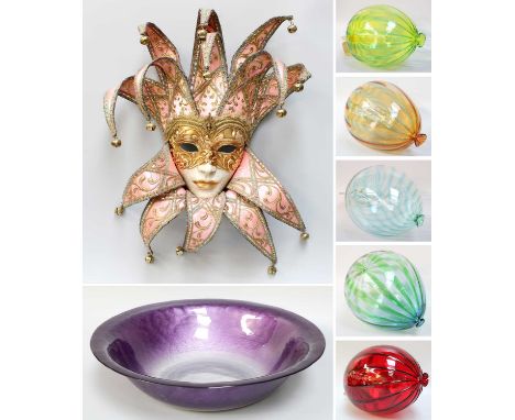 Five Murano Glass Balloon Hanging Ornaments, An Amethyst Glass Basin, and A Venetian Carnival Mask