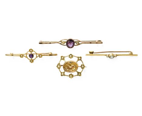 Four Brooches, comprising of a citrine and split pearl example, an aquamarine and split pearl example, an amethyst and split 