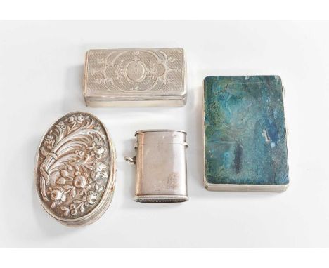 Four Various Silver Boxes, including an oval box, the hinged cover chased with flowers and foliage; a vesta-case, with slidin