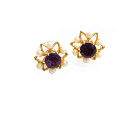 A Pair of 9 Carat Gold Amethyst and Cultured Pearl Cluster Earrings, with post fittingsGross weight - 3.5 grams.