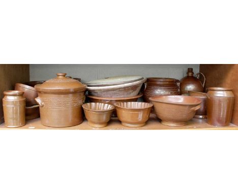 A Collection of Salt Glazed Stoneware, 19th century, various forms, including flagons, covered jars, a large drainer, togethe