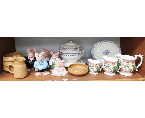 A Set of Five Natwest Piggy Banks, A Graduated Set of Three Gaudy Welsh Decorated Jugs, A Wedgwood Soup Tureen, Cover, Stand 