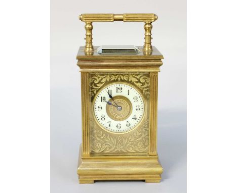 A Brass Striking Carriage Clock, circa 1900, movement striking on a gong, movement with a later platfrom lever escapement, ba