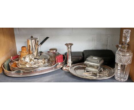 A Collection of Assorted Silver Plate, including an oval gallery tray; a hot-water pot, candlesticks and other items; Togethe