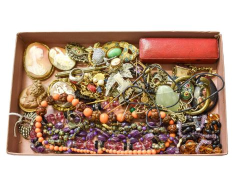 A Quantity of Costume Jewellery, including cameo brooches; beaded necklaces including an amethyst example; various brooches i