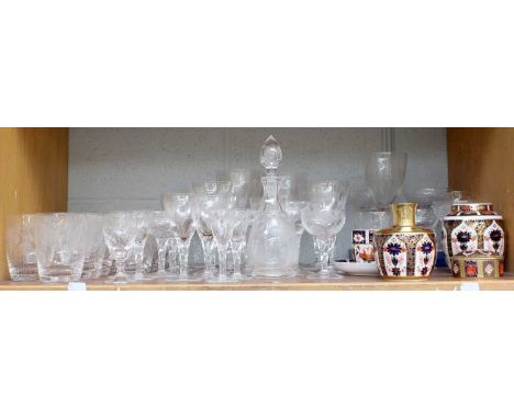 Four Pieces of Royal Crown Derby Imari; together with A Part Suite of Stuart Crystal, Richelieu Pattern Drinking Glasses (one