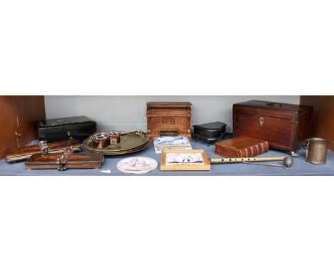 A Group of Various Decorative Items, including 18th century delft tiles, Regency tea caddy, inlaid rosewood tie presses, moth